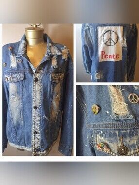 Rolling Paper Upscaled Statement Jean Jacket With Hand Painted Peace Sign Patch